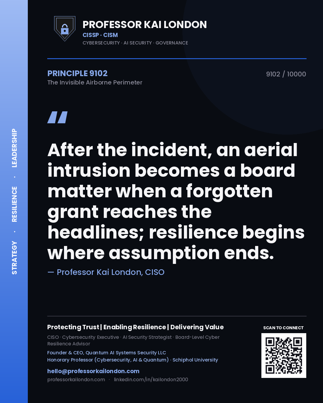 Quote card by Professor Kai London reading 'After the incident, an aerial intrusion becomes a board matter when a forgotten grant reaches the headlines; resilience begins where assumption ends.'. From the book The Invisible Airborne Perimeter.