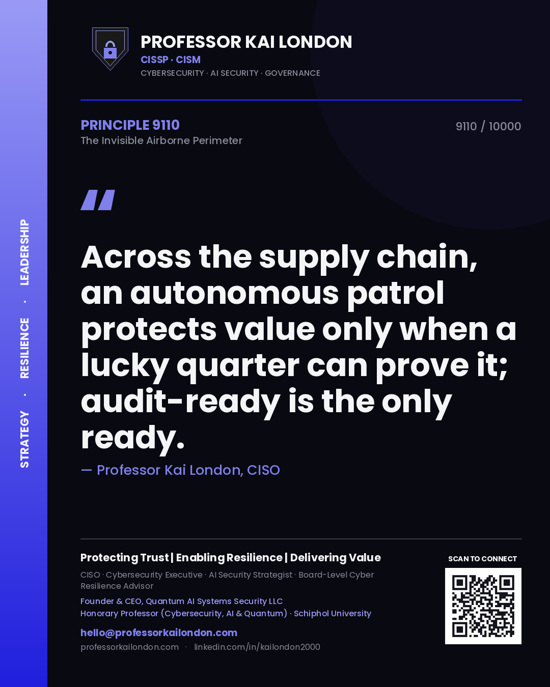 Quote card by Professor Kai London reading 'Across the supply chain, an autonomous patrol protects value only when a lucky quarter can prove it; audit-ready is the only ready.'. From the book The Invisible Airborne Perimeter.