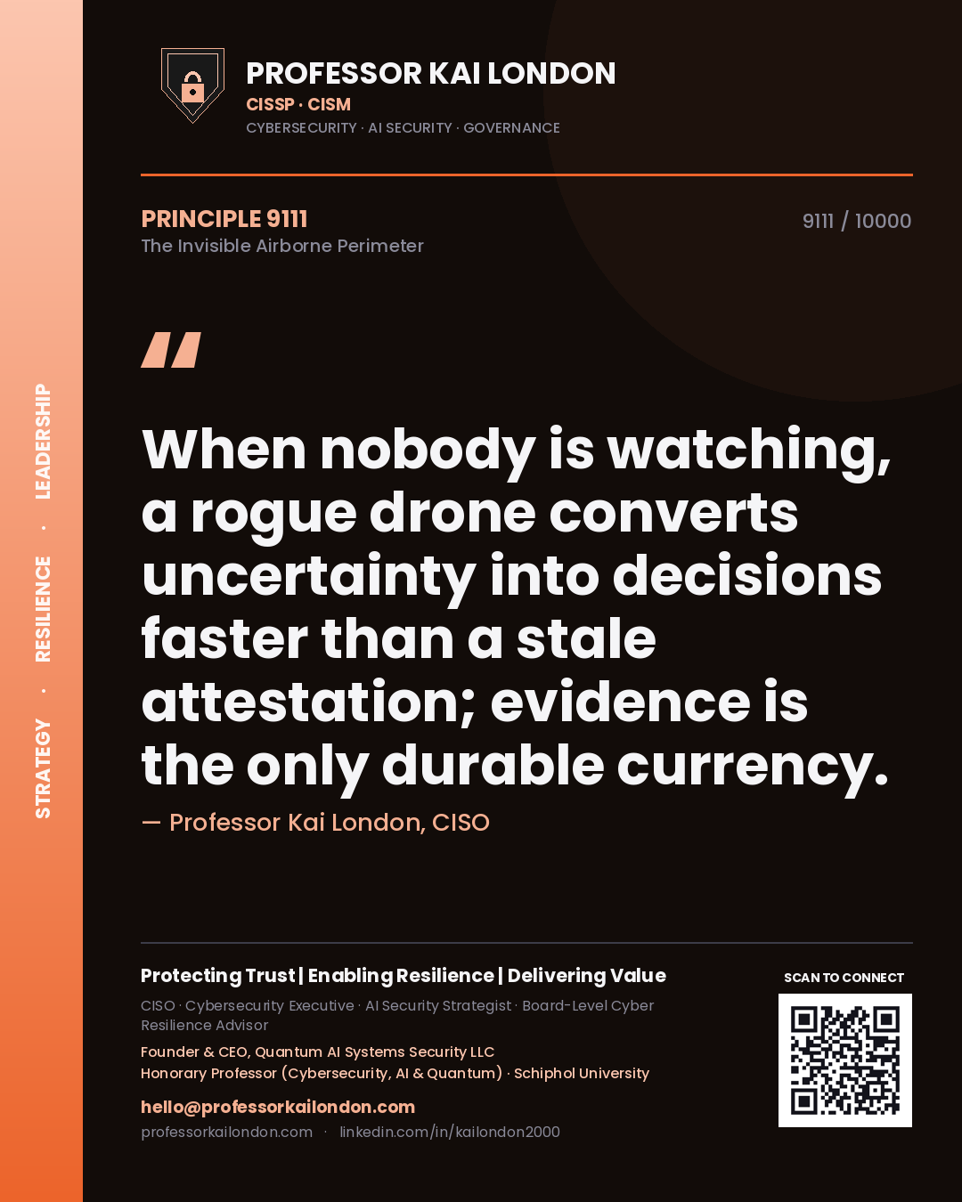 Quote card by Professor Kai London reading 'When nobody is watching, a rogue drone converts uncertainty into decisions faster than a stale attestation; evidence is the only durable currency.'. From the book The Invisible Airborne Perimeter.