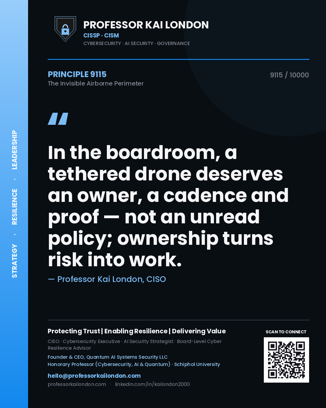 Quote card by Professor Kai London reading 'In the boardroom, a tethered drone deserves an owner, a cadence and proof — not an unread policy; ownership turns risk into work.'. From the book The Invisible Airborne Perimeter.