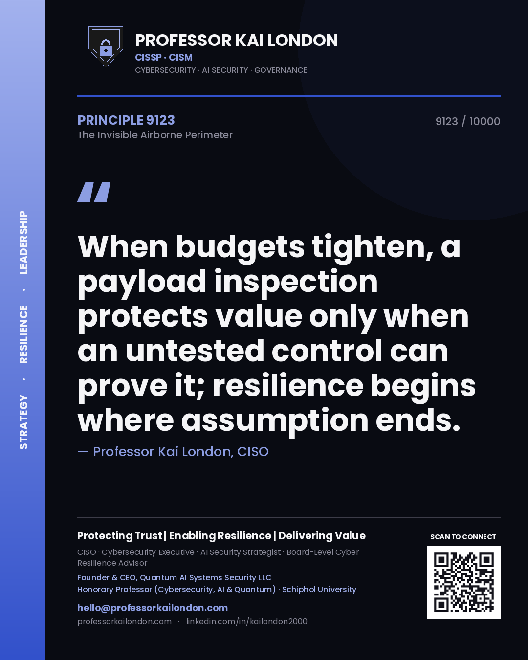 Quote card by Professor Kai London reading 'When budgets tighten, a payload inspection protects value only when an untested control can prove it; resilience begins where assumption ends.'. From the book The Invisible Airborne Perimeter.