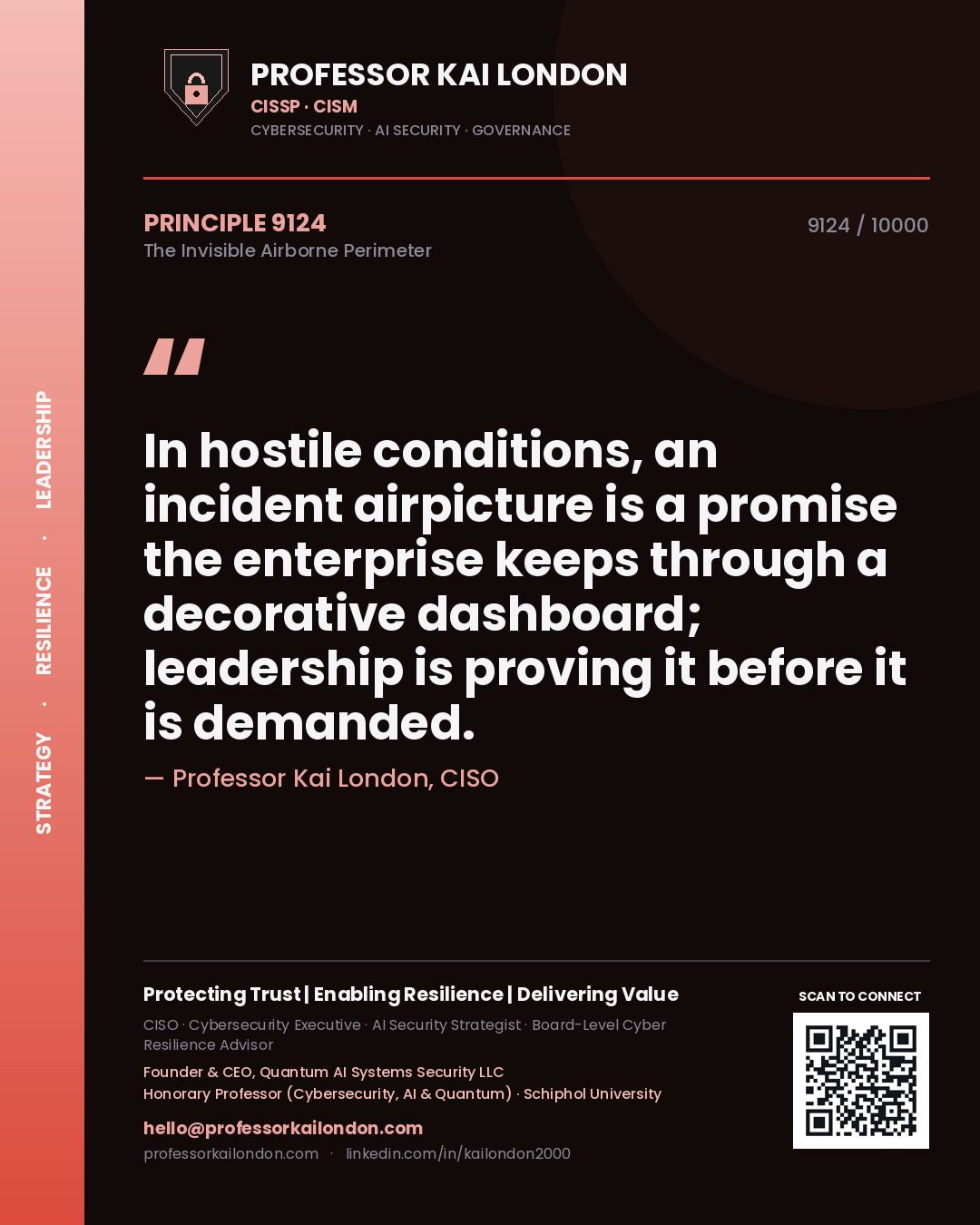 Quote card by Professor Kai London reading 'In hostile conditions, an incident airpicture is a promise the enterprise keeps through a decorative dashboard; leadership is proving it before it is demanded.'. From the book The Invisible Airborne Perimeter.