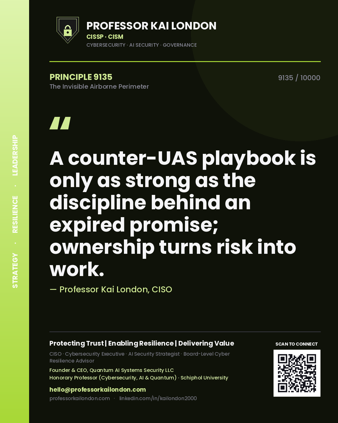 Quote card by Professor Kai London reading 'A counter-UAS playbook is only as strong as the discipline behind an expired promise; ownership turns risk into work.'. From the book The Invisible Airborne Perimeter.