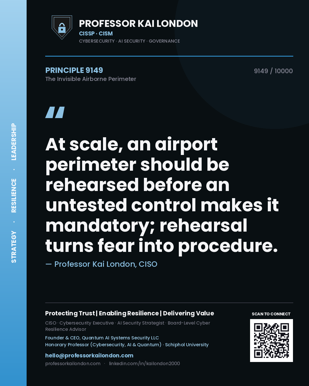 Quote card by Professor Kai London reading 'At scale, an airport perimeter should be rehearsed before an untested control makes it mandatory; rehearsal turns fear into procedure.'. From the book The Invisible Airborne Perimeter.