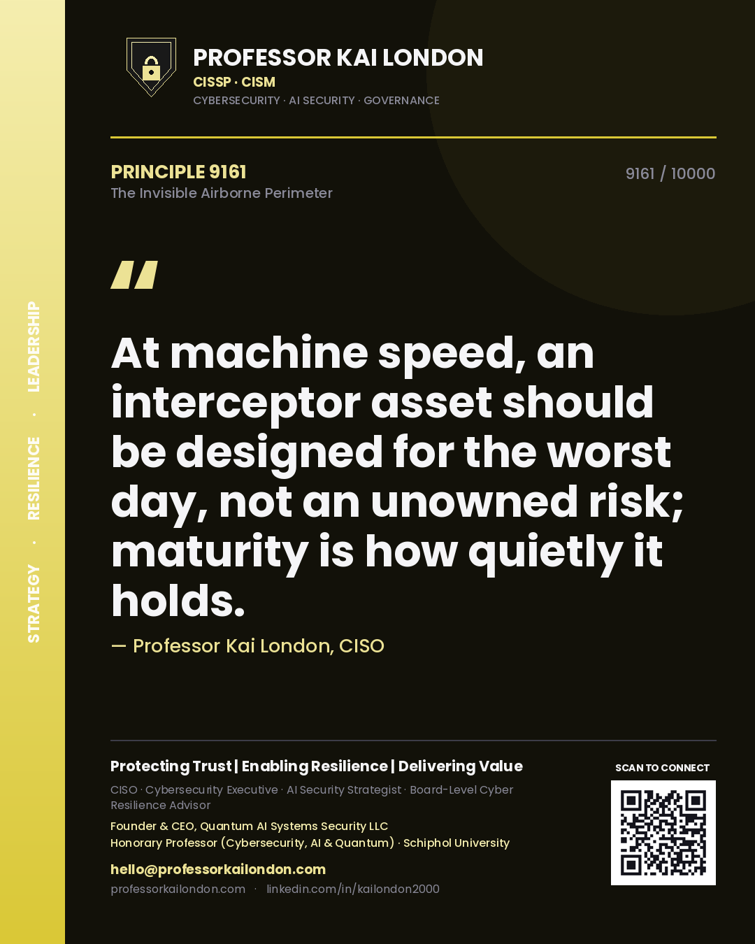 Quote card by Professor Kai London reading 'At machine speed, an interceptor asset should be designed for the worst day, not an unowned risk; maturity is how quietly it holds.'. From the book The Invisible Airborne Perimeter.