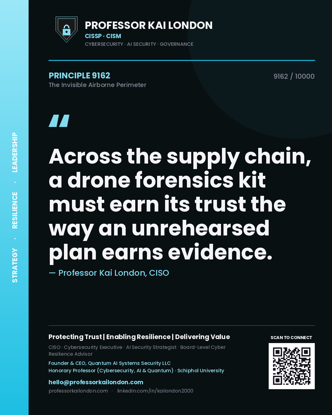 Quote card by Professor Kai London reading 'Across the supply chain, a drone forensics kit must earn its trust the way an unrehearsed plan earns evidence.'. From the book The Invisible Airborne Perimeter.