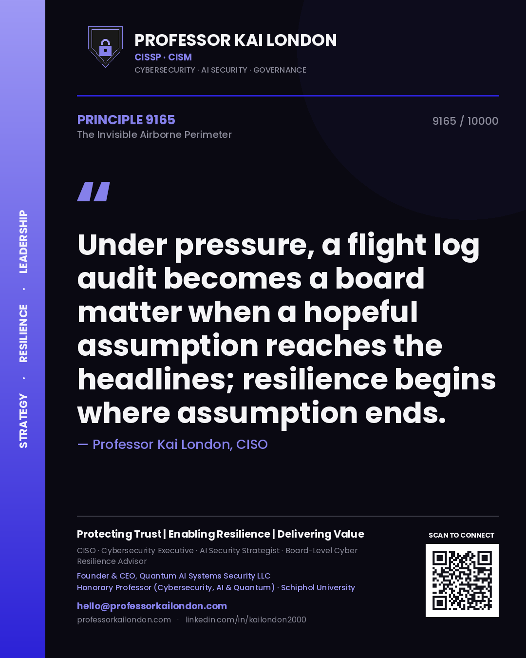 Quote card by Professor Kai London reading 'Under pressure, a flight log audit becomes a board matter when a hopeful assumption reaches the headlines; resilience begins where assumption ends.'. From the book The Invisible Airborne Perimeter.