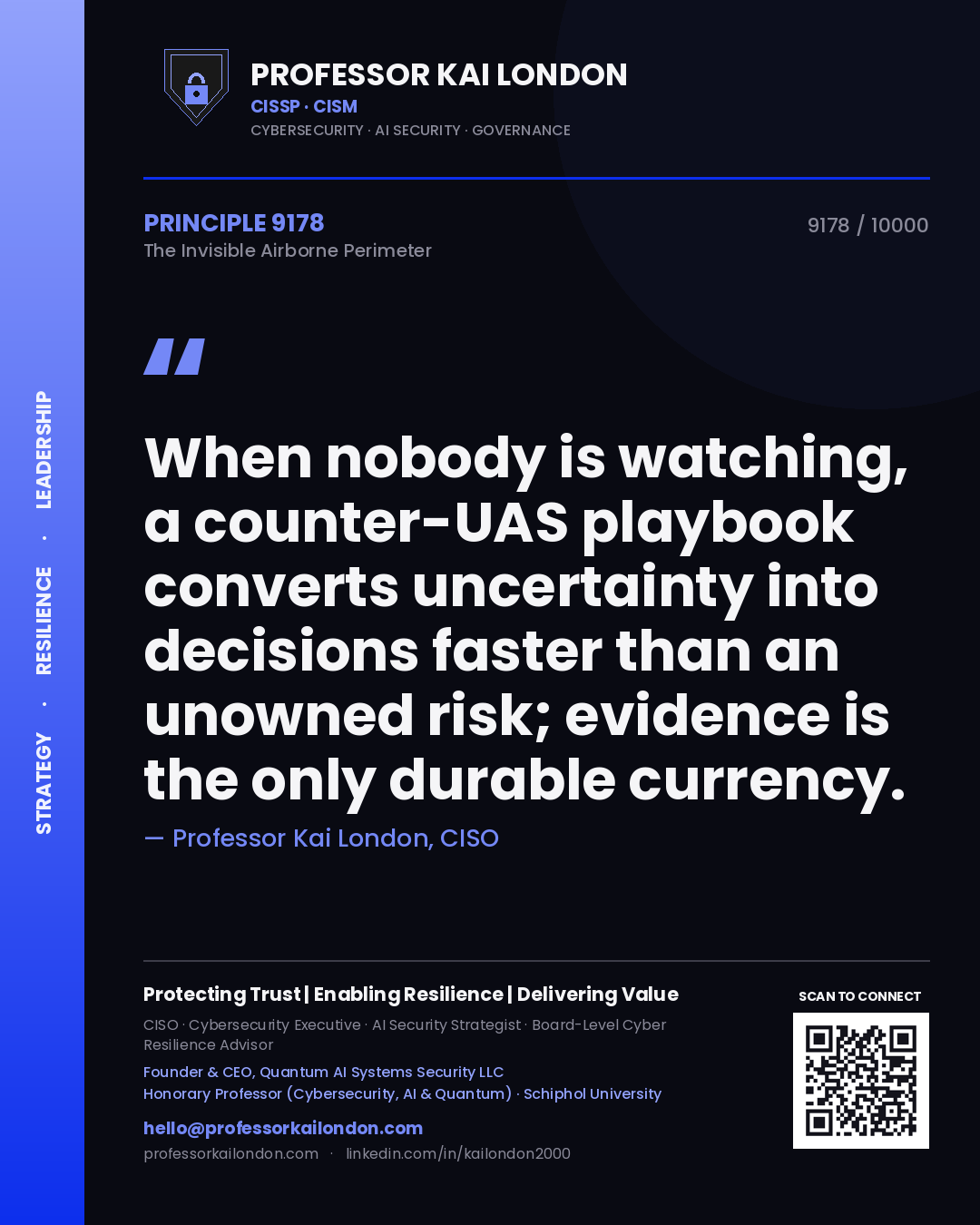 Quote card by Professor Kai London reading 'When nobody is watching, a counter-UAS playbook converts uncertainty into decisions faster than an unowned risk; evidence is the only durable currency.'. From the book The Invisible Airborne Perimeter.