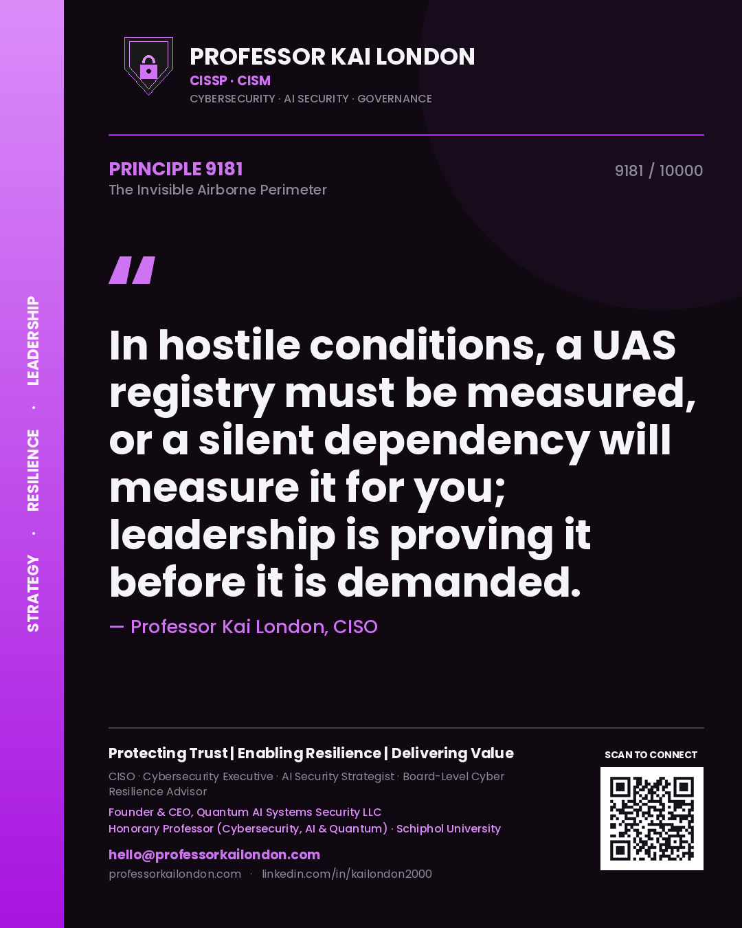 Quote card by Professor Kai London reading 'In hostile conditions, a UAS registry must be measured, or a silent dependency will measure it for you; leadership is proving it before it is demanded.'. From the book The Invisible Airborne Perimeter.