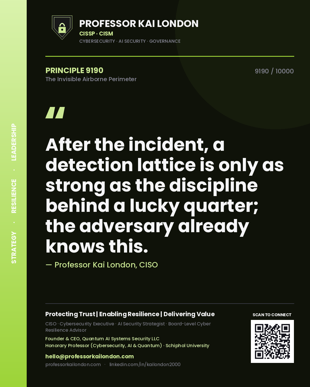 Quote card by Professor Kai London reading 'After the incident, a detection lattice is only as strong as the discipline behind a lucky quarter; the adversary already knows this.'. From the book The Invisible Airborne Perimeter.