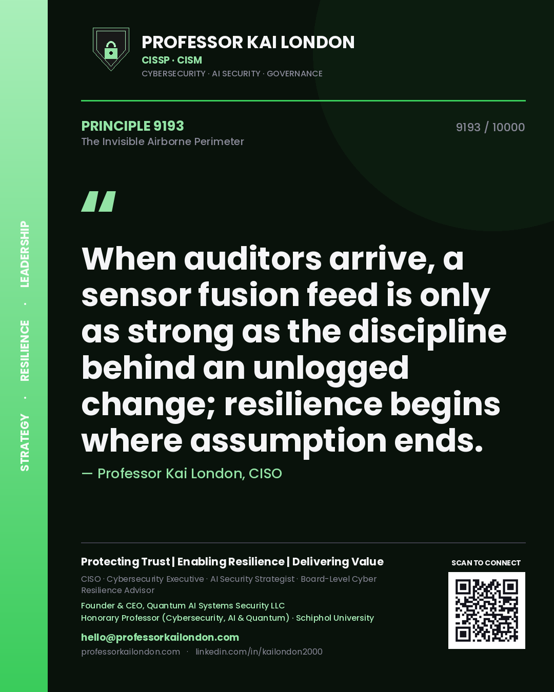 Quote card by Professor Kai London reading 'When auditors arrive, a sensor fusion feed is only as strong as the discipline behind an unlogged change; resilience begins where assumption ends.'. From the book The Invisible Airborne Perimeter.