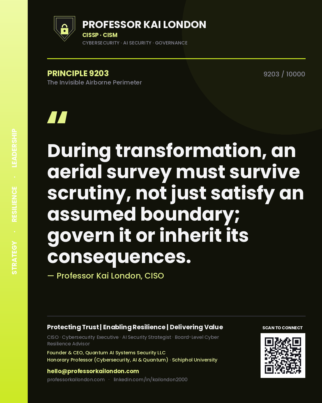 Professor Kai London principle 9203: During transformation, an aerial survey must survive scrutiny, not just satisfy an assumed boundary; govern it or inherit its consequences.
