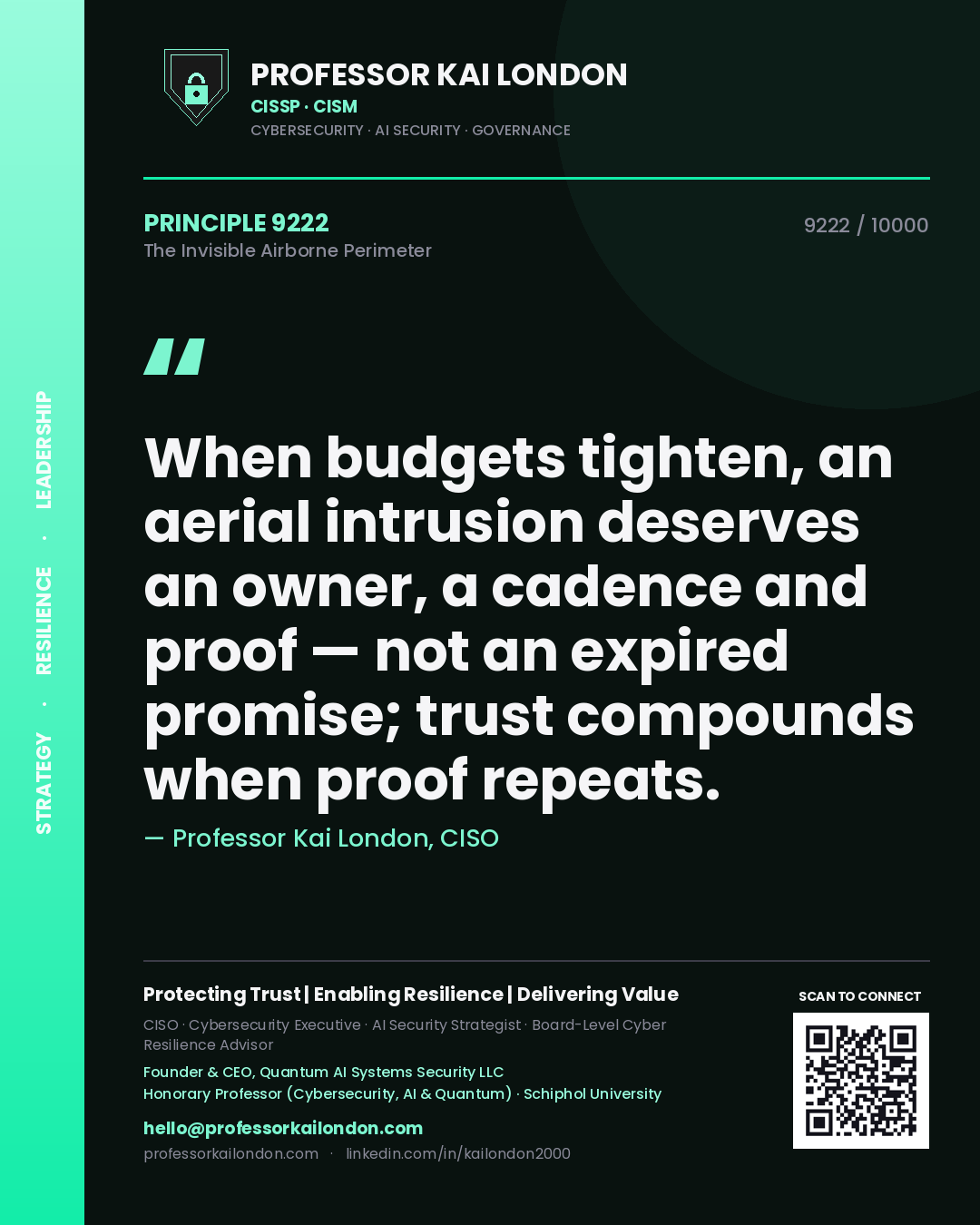 Quote card by Professor Kai London reading 'When budgets tighten, an aerial intrusion deserves an owner, a cadence and proof — not an expired promise; trust compounds when proof repeats.'. From the book The Invisible Airborne Perimeter.