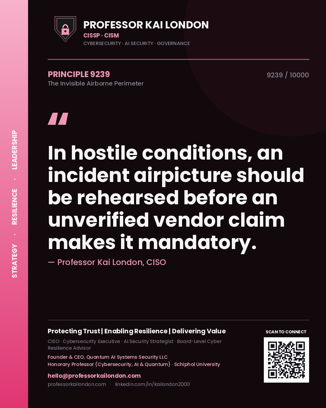 Professor Kai London principle 9239: In hostile conditions, an incident airpicture should be rehearsed before an unverified vendor claim makes it mandatory.