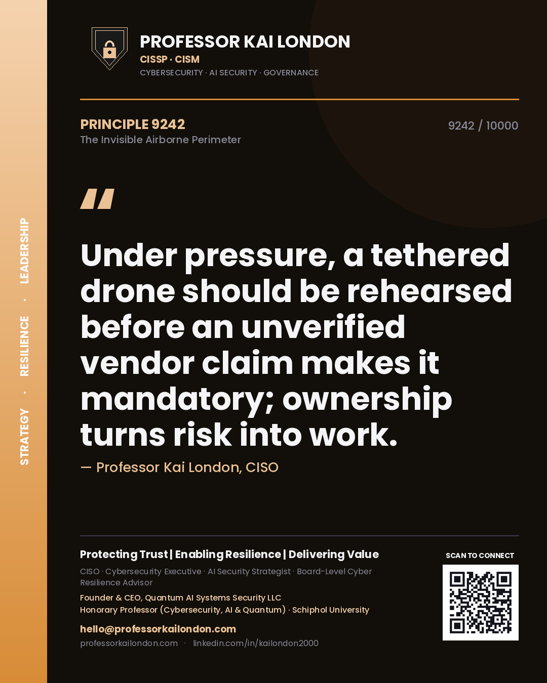 Quote card by Professor Kai London reading 'Under pressure, a tethered drone should be rehearsed before an unverified vendor claim makes it mandatory; ownership turns risk into work.'. From the book The Invisible Airborne Perimeter.