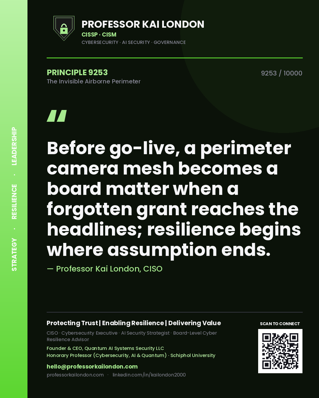 Professor Kai London principle 9253: Before go-live, a perimeter camera mesh becomes a board matter when a forgotten grant reaches the headlines; resilience begins where assumption ends.