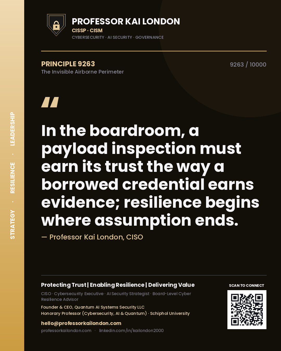 Quote card by Professor Kai London reading 'In the boardroom, a payload inspection must earn its trust the way a borrowed credential earns evidence; resilience begins where assumption ends.'. From the book The Invisible Airborne Perimeter.