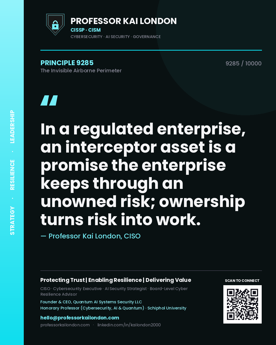 Quote card by Professor Kai London reading 'In a regulated enterprise, an interceptor asset is a promise the enterprise keeps through an unowned risk; ownership turns risk into work.'. From the book The Invisible Airborne Perimeter.