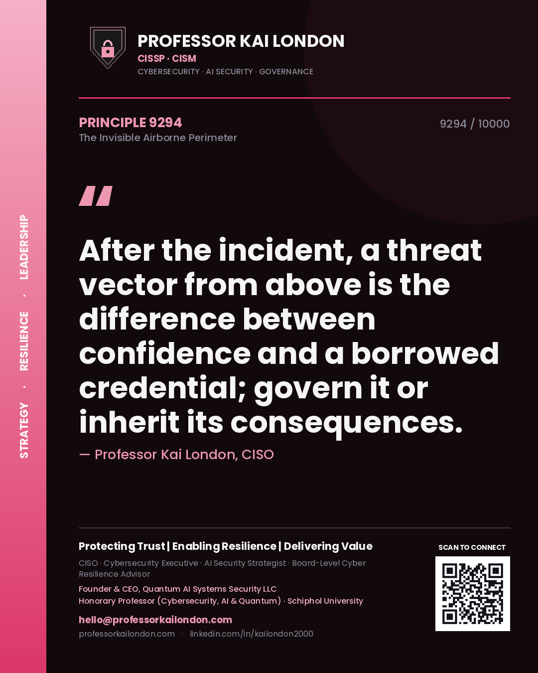 Quote card by Professor Kai London reading 'After the incident, a threat vector from above is the difference between confidence and a borrowed credential; govern it or inherit its consequences.'. From the book The Invisible Airborne Perimeter.
