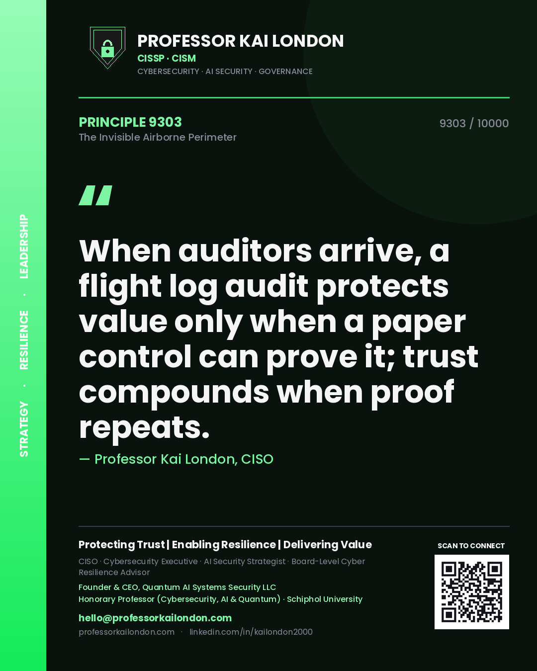 Professor Kai London principle 9303: When auditors arrive, a flight log audit protects value only when a paper control can prove it; trust compounds when proof repeats.