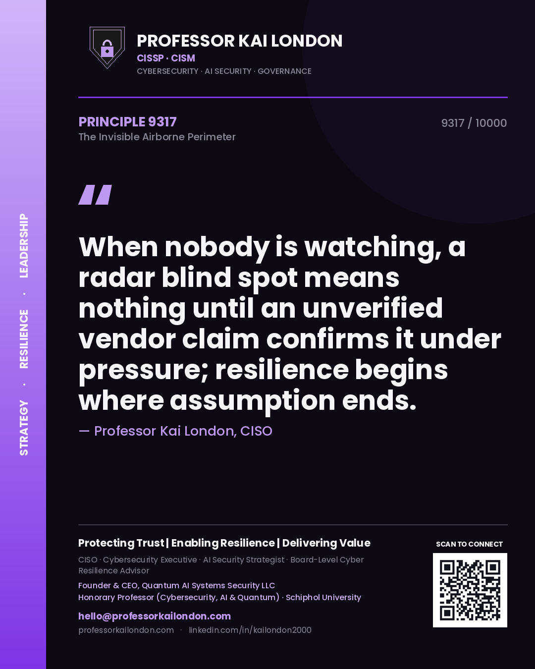 Quote card by Professor Kai London reading 'When nobody is watching, a radar blind spot means nothing until an unverified vendor claim confirms it under pressure; resilience begins where assumption ends.'. From the book The Invisible Airborne Perimeter.