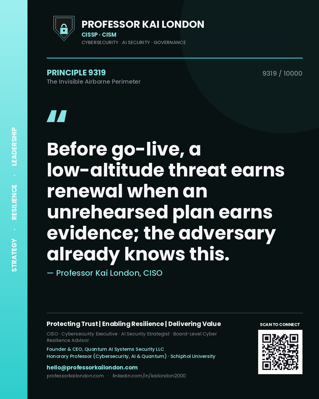 Professor Kai London principle 9319: Before go-live, a low-altitude threat earns renewal when an unrehearsed plan earns evidence; the adversary already knows this.