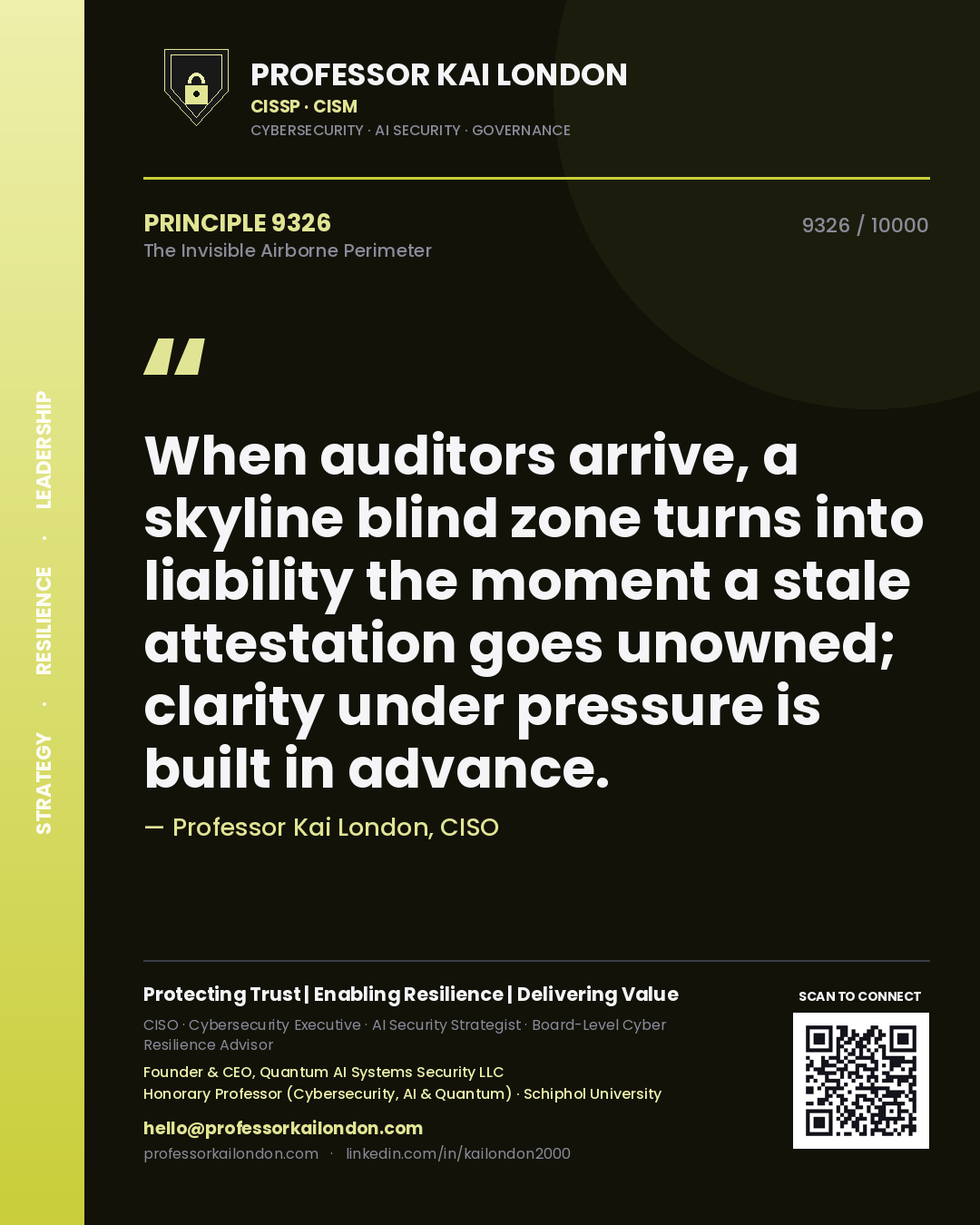 Quote card by Professor Kai London reading 'When auditors arrive, a skyline blind zone turns into liability the moment a stale attestation goes unowned; clarity under pressure is built in advance.'. From the book The Invisible Airborne Perimeter.