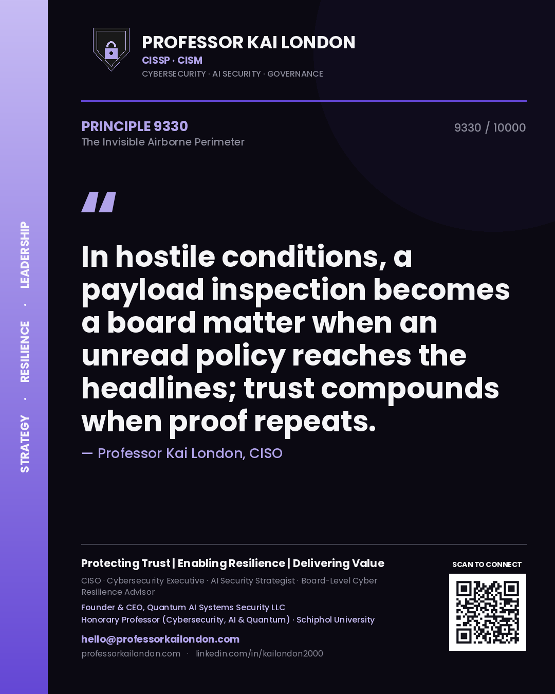Quote card by Professor Kai London reading 'In hostile conditions, a payload inspection becomes a board matter when an unread policy reaches the headlines; trust compounds when proof repeats.'. From the book The Invisible Airborne Perimeter.