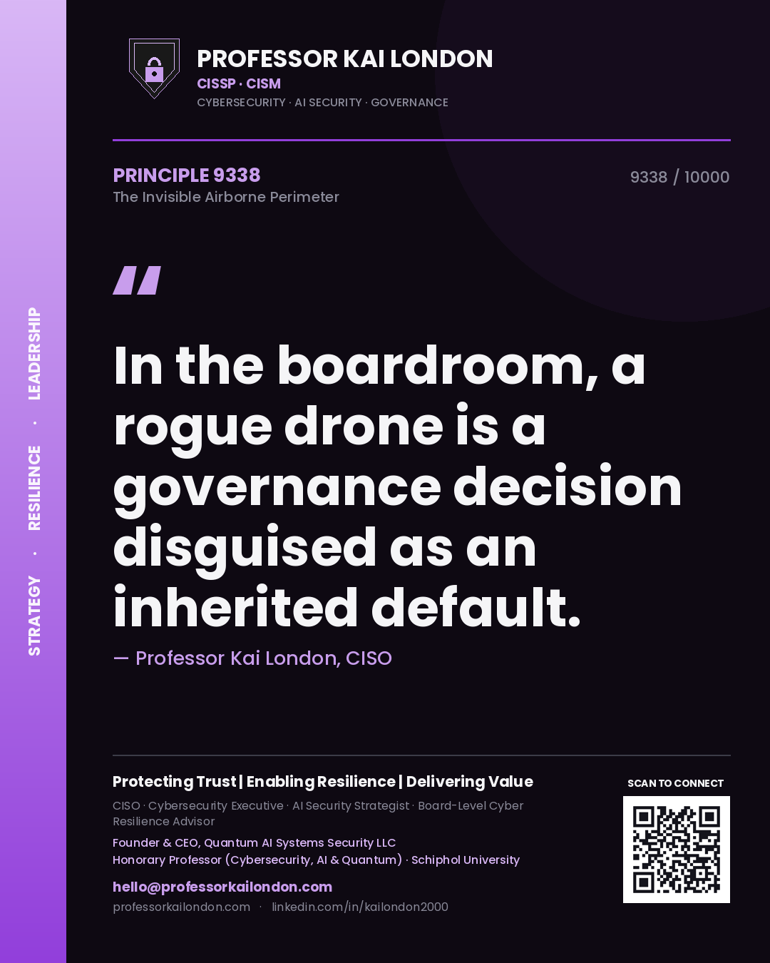 Quote card by Professor Kai London reading 'In the boardroom, a rogue drone is a governance decision disguised as an inherited default.'. From the book The Invisible Airborne Perimeter.