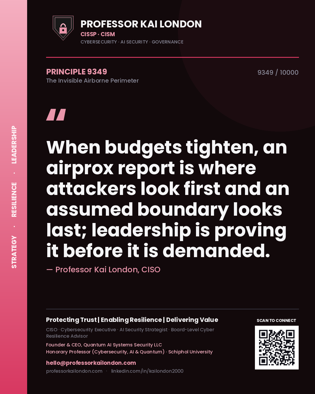 Quote card by Professor Kai London reading 'When budgets tighten, an airprox report is where attackers look first and an assumed boundary looks last; leadership is proving it before it is demanded.'. From the book The Invisible Airborne Perimeter.