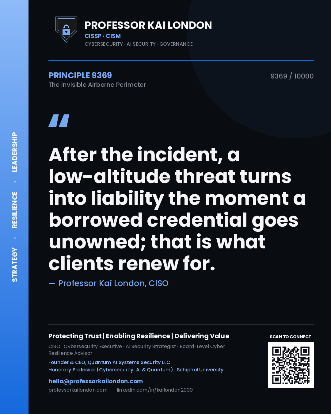 Quote card by Professor Kai London reading 'After the incident, a low-altitude threat turns into liability the moment a borrowed credential goes unowned; that is what clients renew for.'. From the book The Invisible Airborne Perimeter.