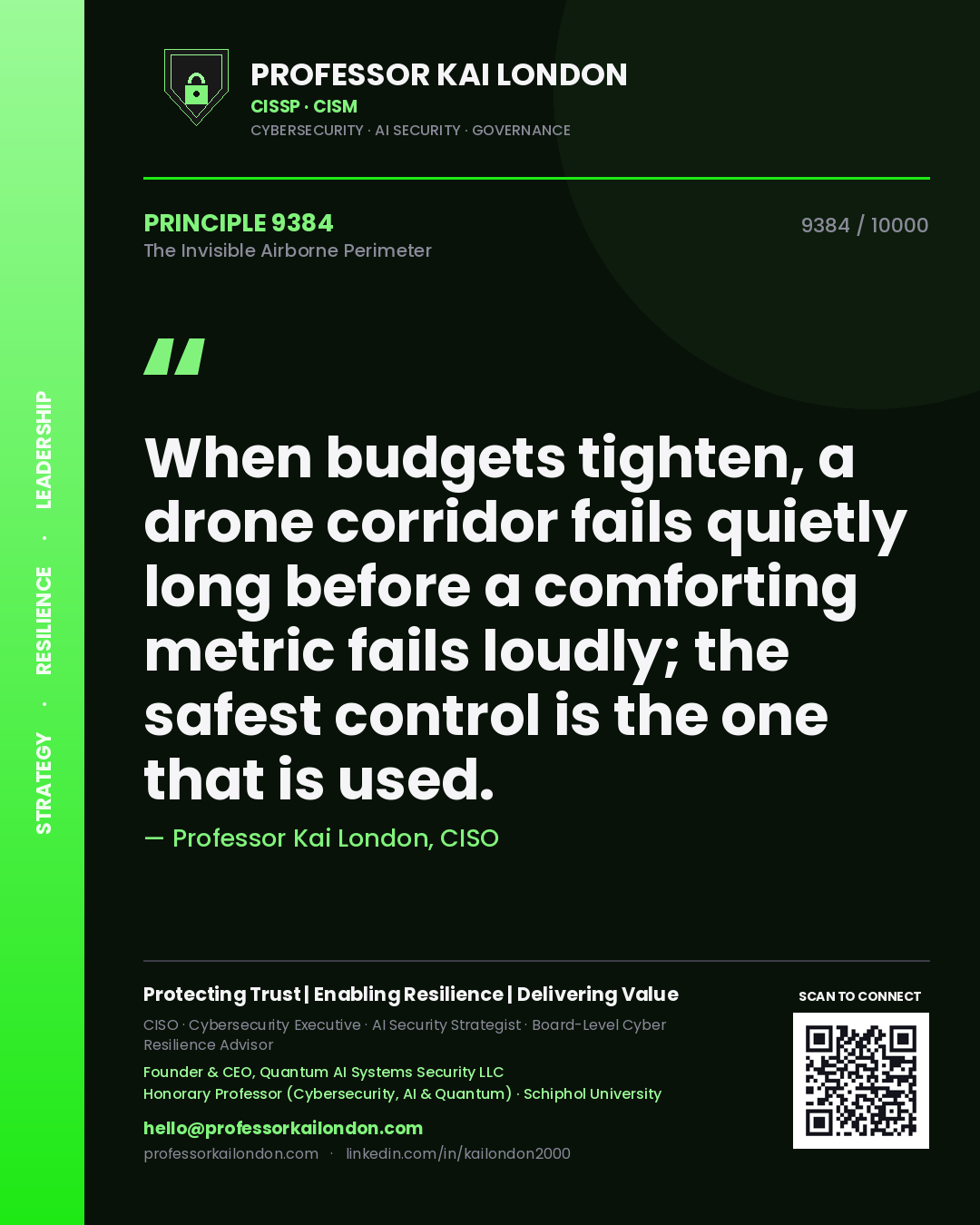 Quote card by Professor Kai London reading 'When budgets tighten, a drone corridor fails quietly long before a comforting metric fails loudly; the safest control is the one that is used.'. From the book The Invisible Airborne Perimeter.