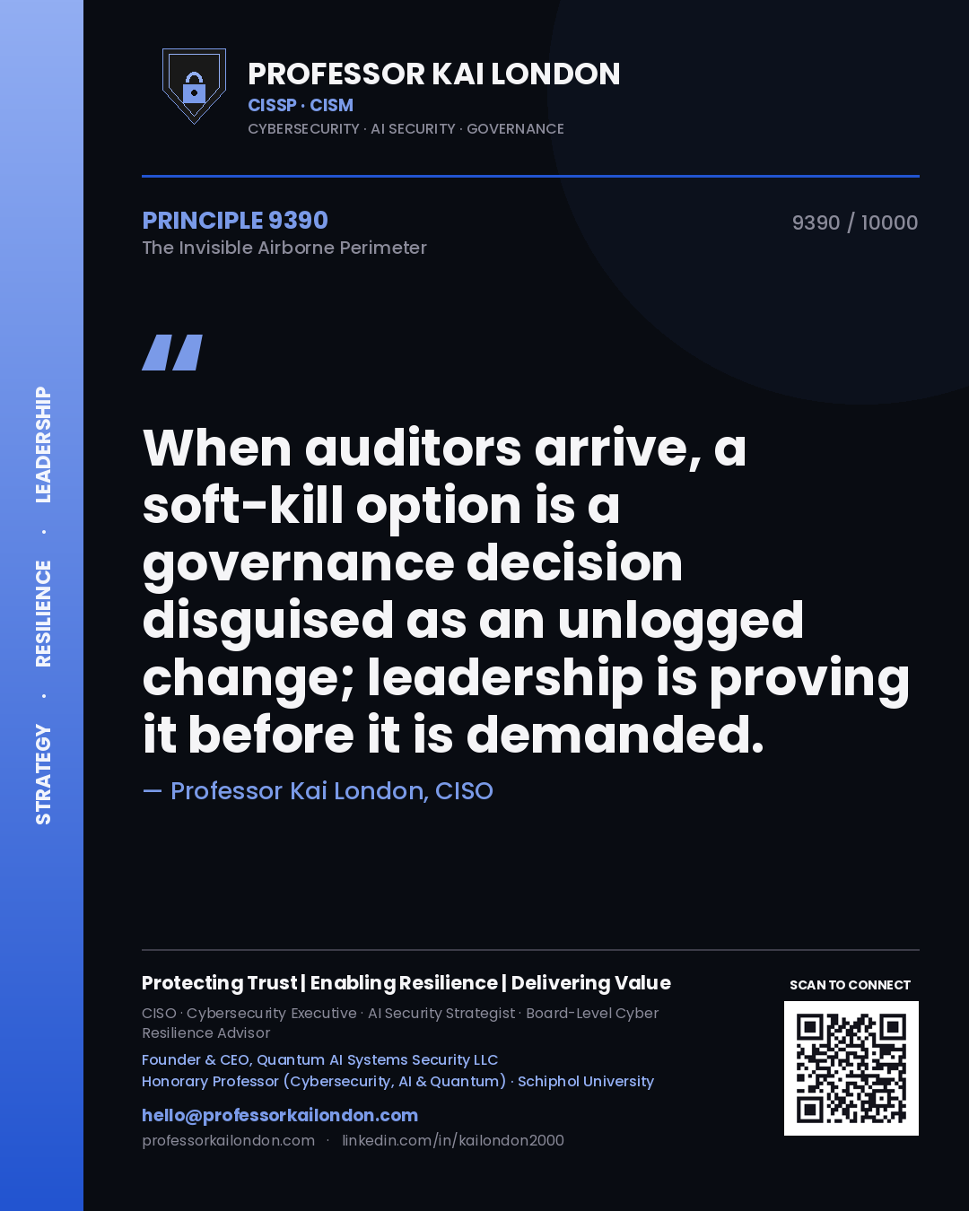 Quote card by Professor Kai London reading 'When auditors arrive, a soft-kill option is a governance decision disguised as an unlogged change; leadership is proving it before it is demanded.'. From the book The Invisible Airborne Perimeter.