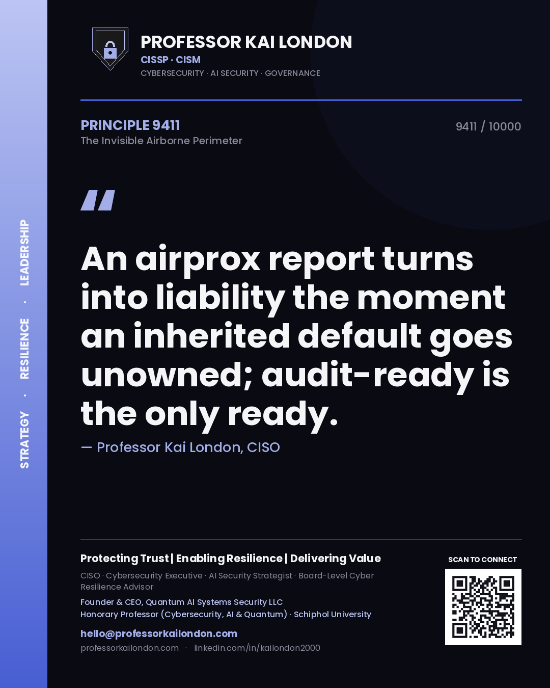 Quote card by Professor Kai London reading 'An airprox report turns into liability the moment an inherited default goes unowned; audit-ready is the only ready.'. From the book The Invisible Airborne Perimeter.