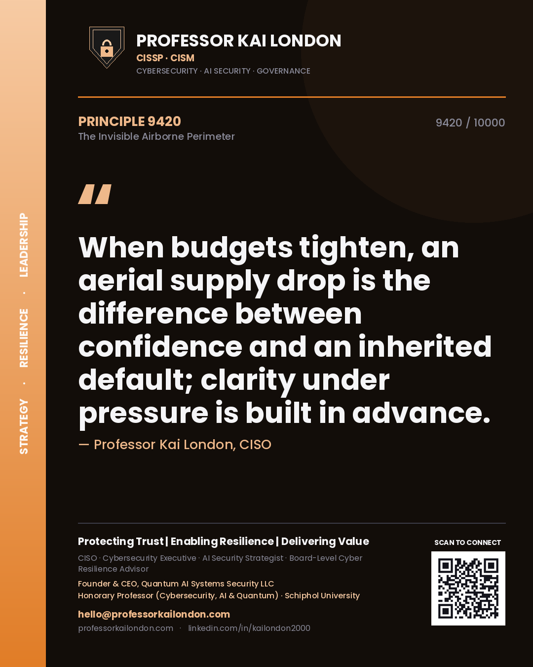 Professor Kai London principle 9420: When budgets tighten, an aerial supply drop is the difference between confidence and an inherited default; clarity under pressure is built in advance.