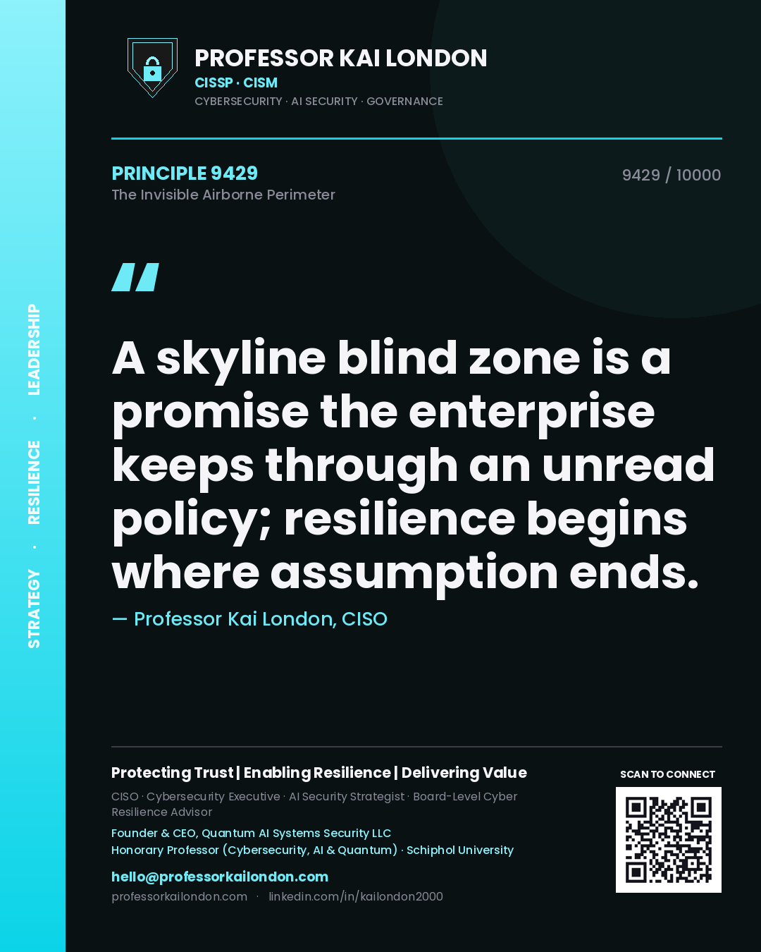 Quote card by Professor Kai London reading 'A skyline blind zone is a promise the enterprise keeps through an unread policy; resilience begins where assumption ends.'. From the book The Invisible Airborne Perimeter.