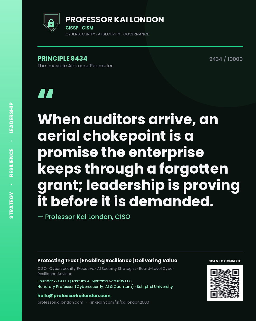 Professor Kai London principle 9434: When auditors arrive, an aerial chokepoint is a promise the enterprise keeps through a forgotten grant; leadership is proving it before it is demanded.