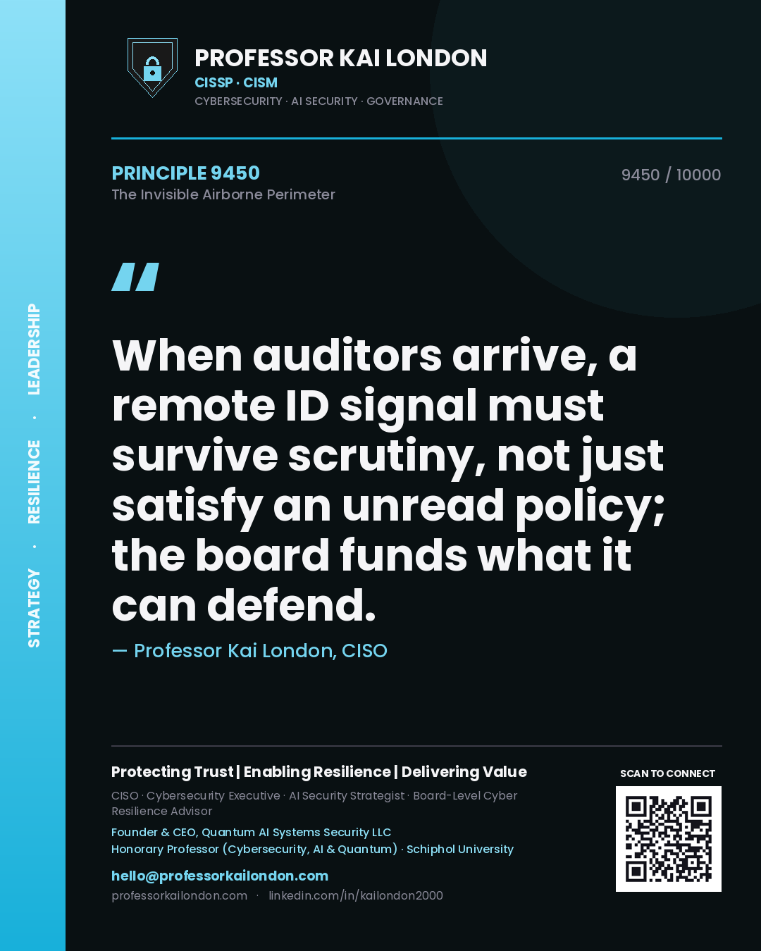 Quote card by Professor Kai London reading 'When auditors arrive, a remote ID signal must survive scrutiny, not just satisfy an unread policy; the board funds what it can defend.'. From the book The Invisible Airborne Perimeter.
