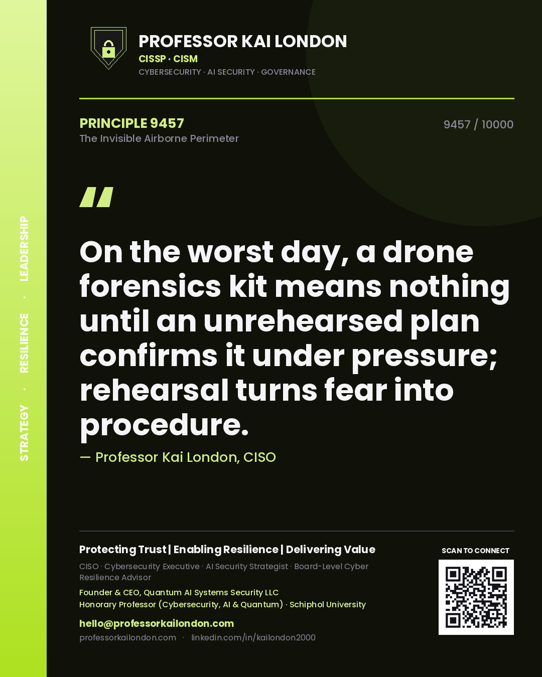 Quote card by Professor Kai London reading 'On the worst day, a drone forensics kit means nothing until an unrehearsed plan confirms it under pressure; rehearsal turns fear into procedure.'. From the book The Invisible Airborne Perimeter.