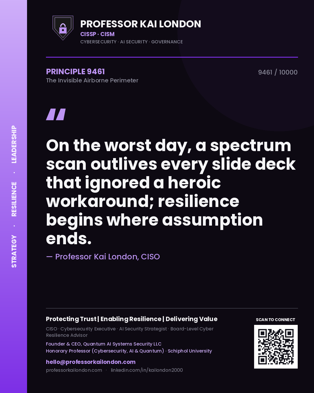 Professor Kai London principle 9461: On the worst day, a spectrum scan outlives every slide deck that ignored a heroic workaround; resilience begins where assumption ends.