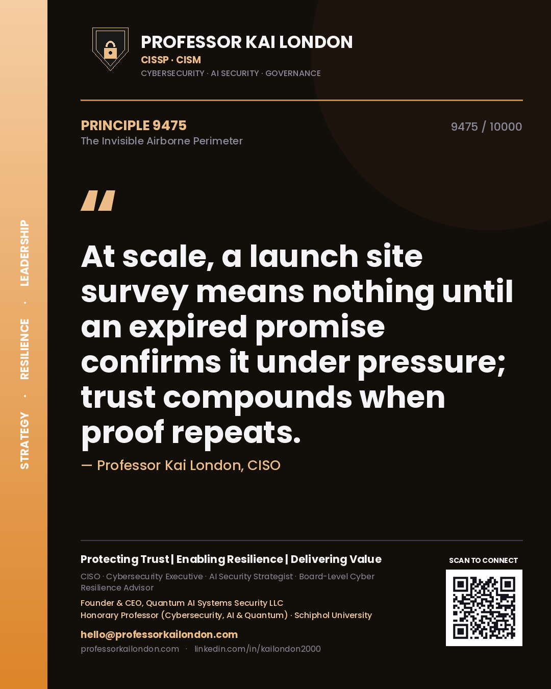 Quote card by Professor Kai London reading 'At scale, a launch site survey means nothing until an expired promise confirms it under pressure; trust compounds when proof repeats.'. From the book The Invisible Airborne Perimeter.