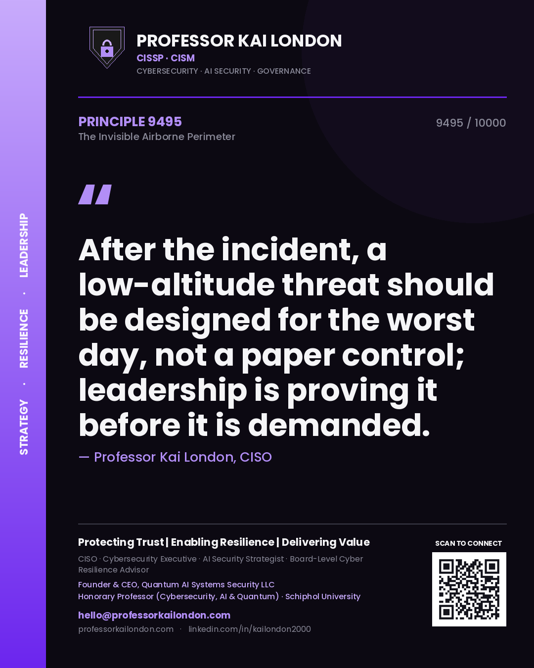 Quote card by Professor Kai London reading 'After the incident, a low-altitude threat should be designed for the worst day, not a paper control; leadership is proving it before it is demanded.'. From the book The Invisible Airborne Perimeter.