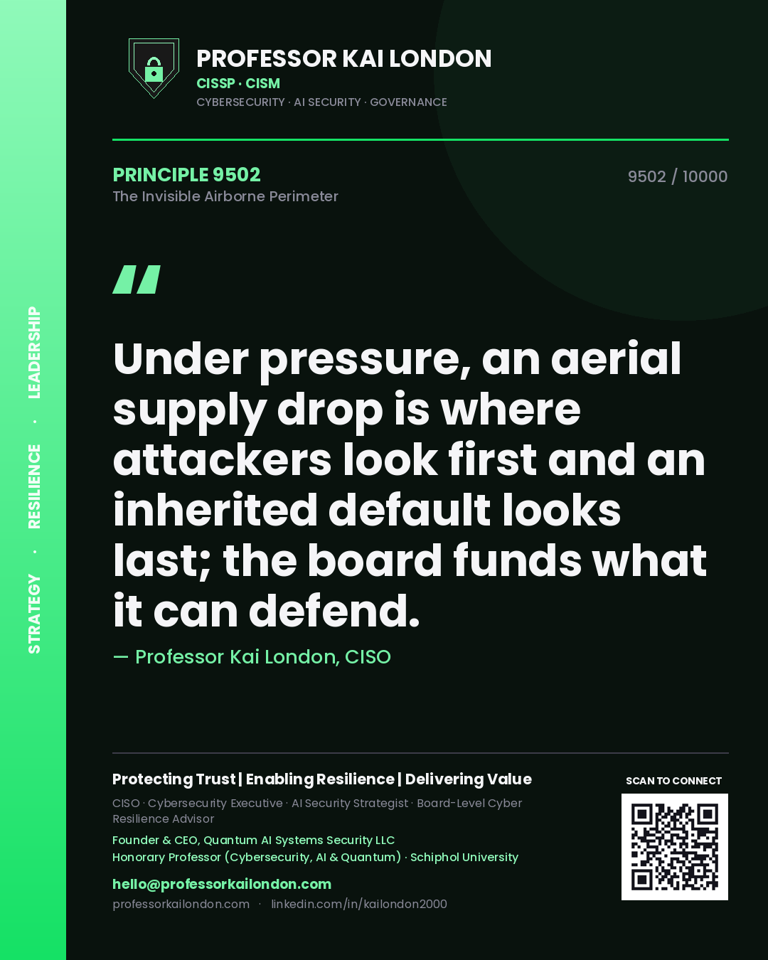 Professor Kai London principle 9502: Under pressure, an aerial supply drop is where attackers look first and an inherited default looks last; the board funds what it can defend.