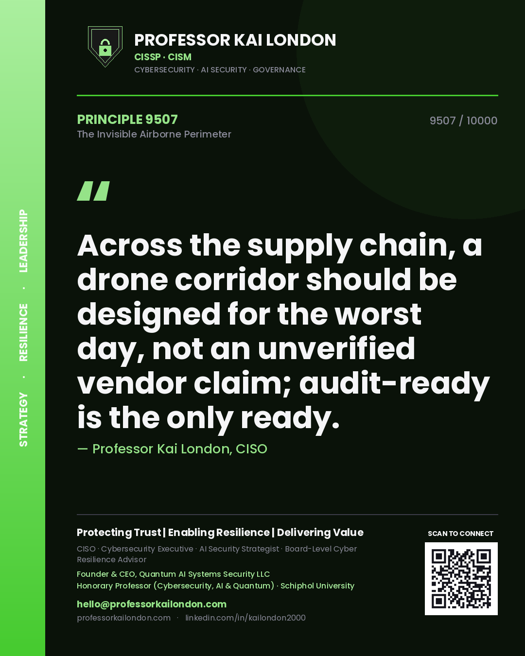 Quote card by Professor Kai London reading 'Across the supply chain, a drone corridor should be designed for the worst day, not an unverified vendor claim; audit-ready is the only ready.'. From the book The Invisible Airborne Perimeter.