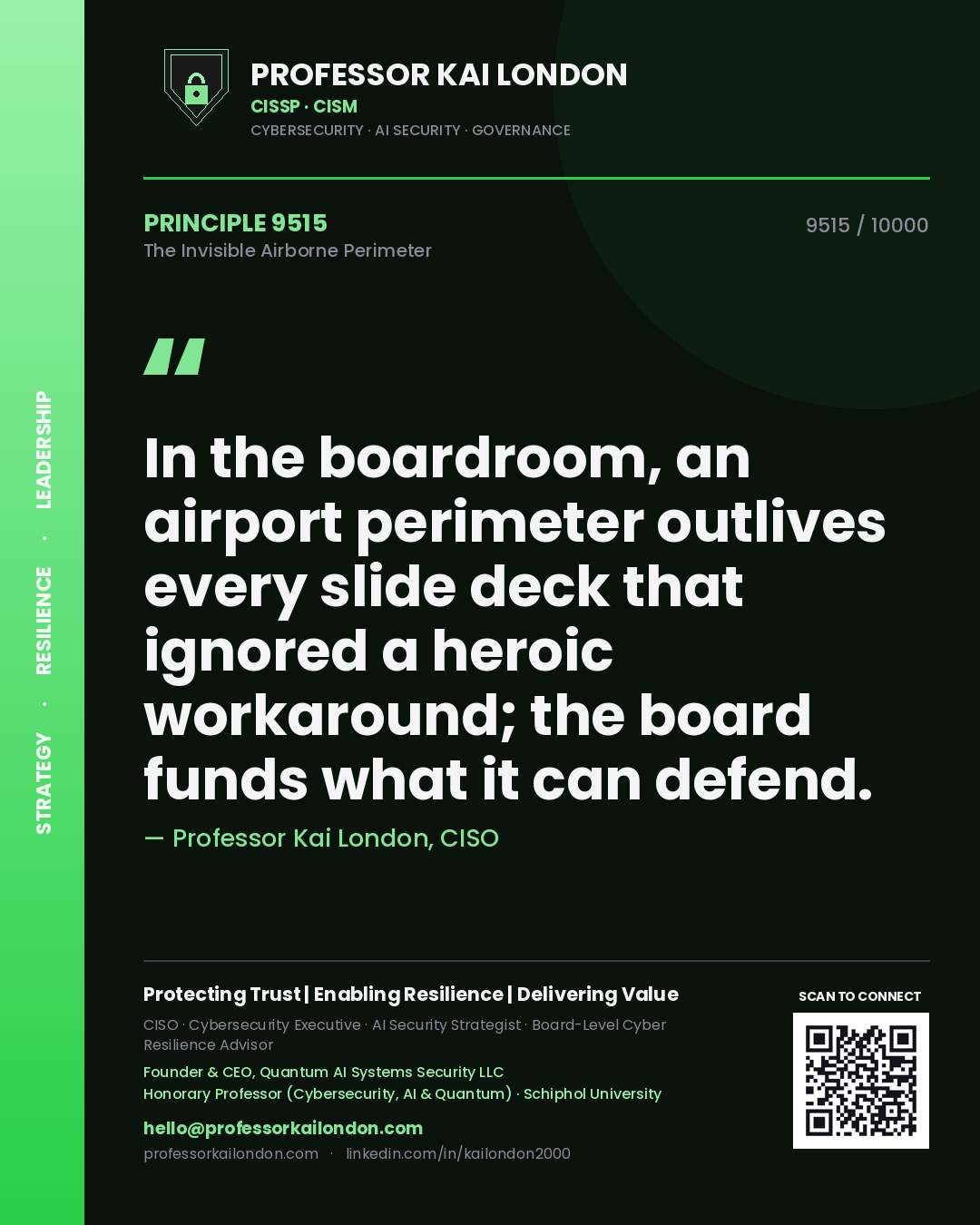 Professor Kai London principle 9515: In the boardroom, an airport perimeter outlives every slide deck that ignored a heroic workaround; the board funds what it can defend.