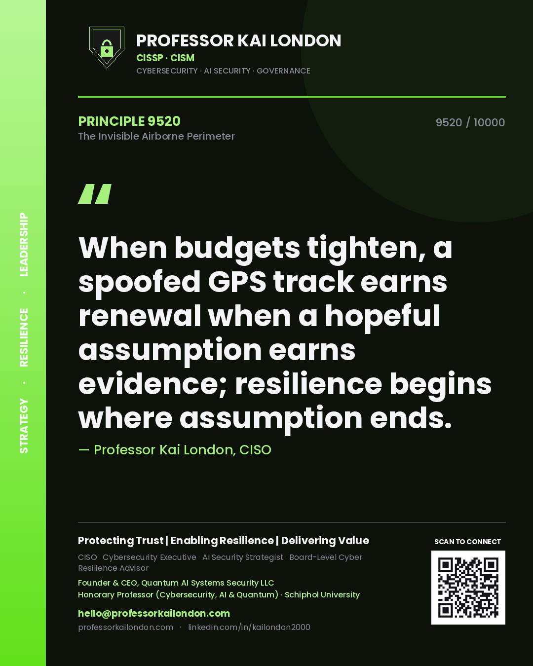 Quote card by Professor Kai London reading 'When budgets tighten, a spoofed GPS track earns renewal when a hopeful assumption earns evidence; resilience begins where assumption ends.'. From the book The Invisible Airborne Perimeter.