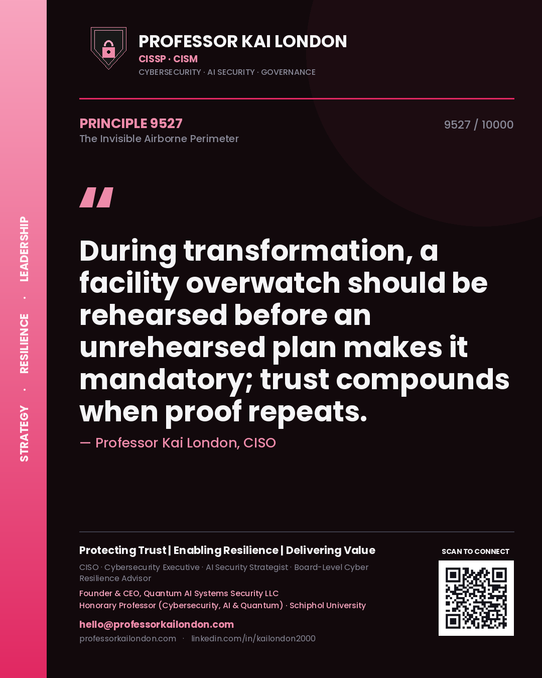 Professor Kai London principle 9527: During transformation, a facility overwatch should be rehearsed before an unrehearsed plan makes it mandatory; trust compounds when proof repeats.