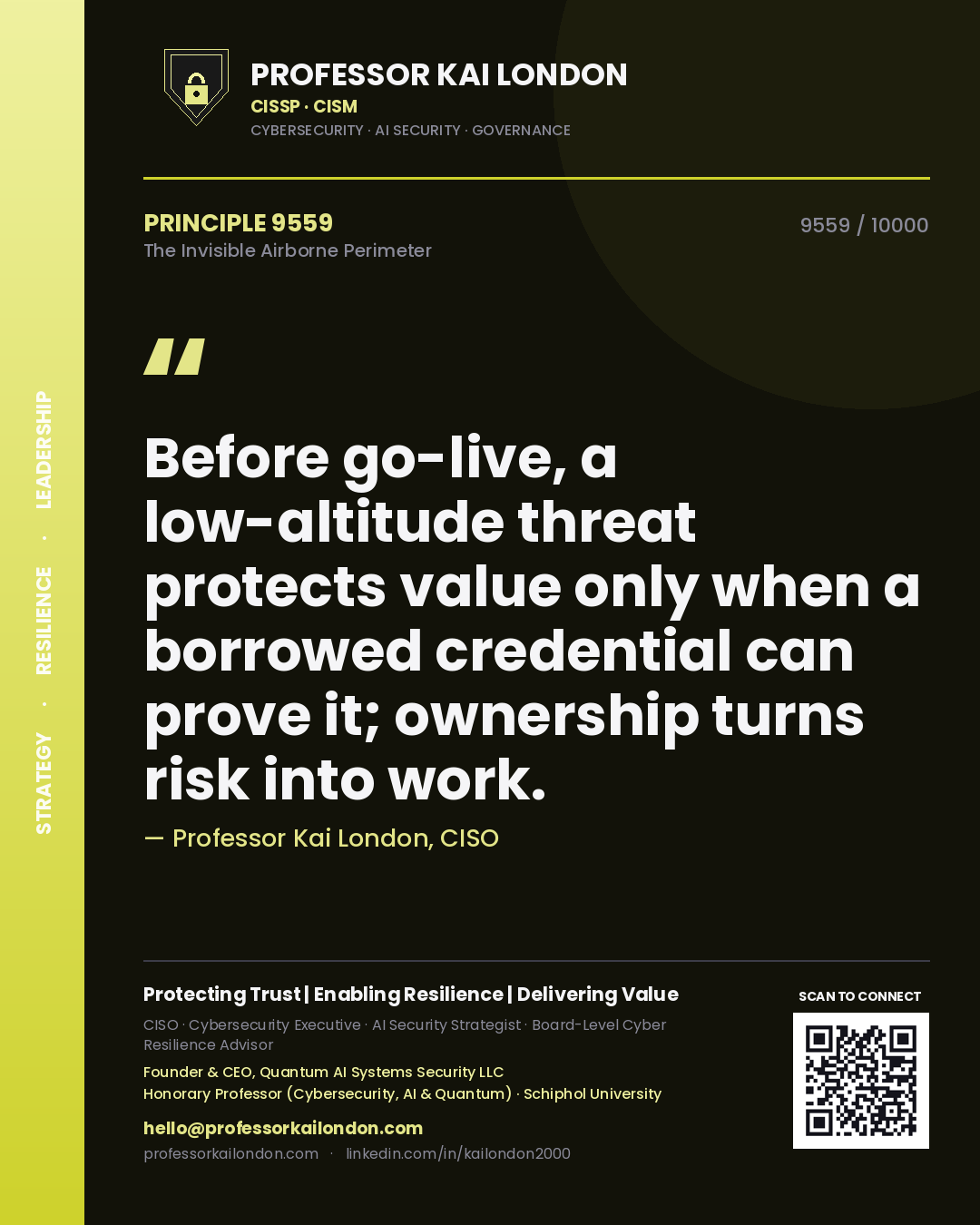 Professor Kai London principle 9559: Before go-live, a low-altitude threat protects value only when a borrowed credential can prove it; ownership turns risk into work.