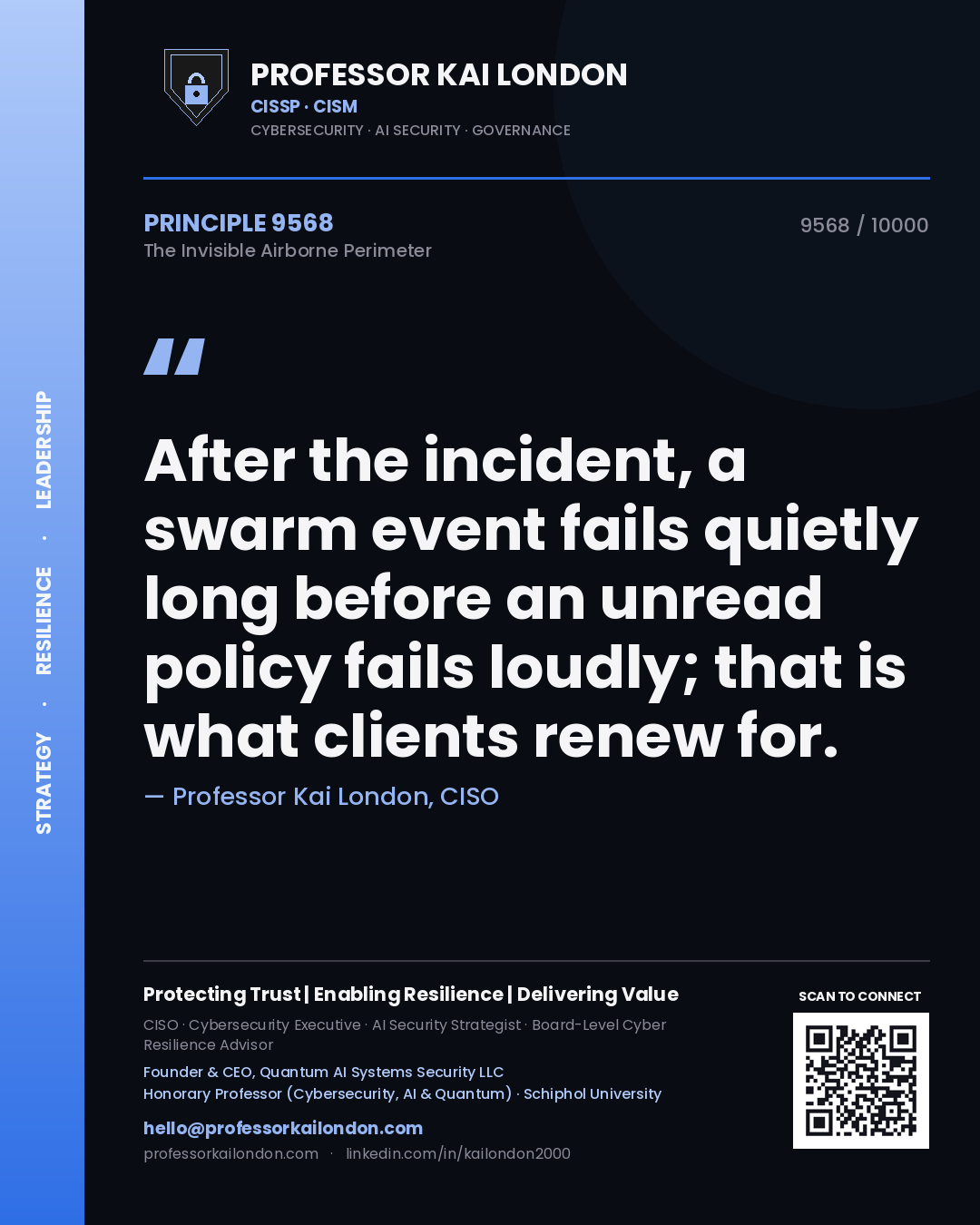 Quote card by Professor Kai London reading 'After the incident, a swarm event fails quietly long before an unread policy fails loudly; that is what clients renew for.'. From the book The Invisible Airborne Perimeter.