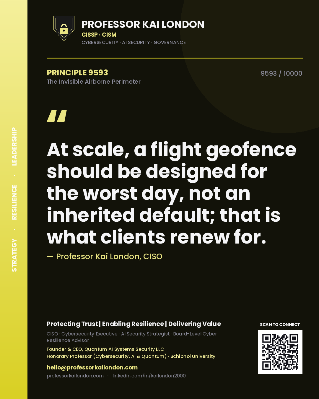 Quote card by Professor Kai London reading 'At scale, a flight geofence should be designed for the worst day, not an inherited default; that is what clients renew for.'. From the book The Invisible Airborne Perimeter.